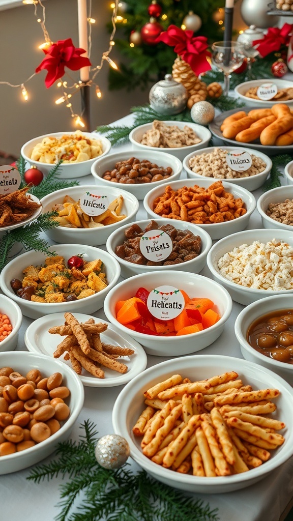 A festive Christmas party food table with decorative labels for each dish, surrounded by holiday decorations.